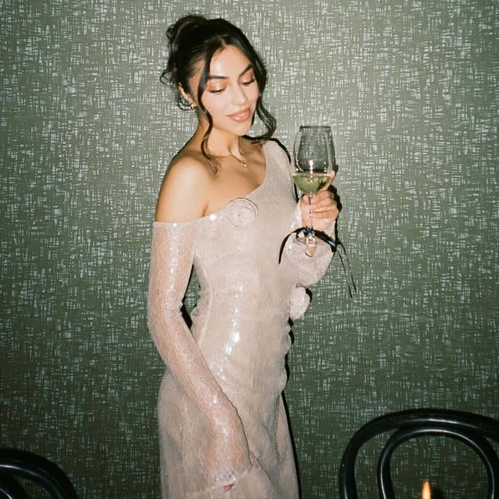 Champagne Sequin One-Shoulder Gown – Peach Motel Luxe Evening Dress