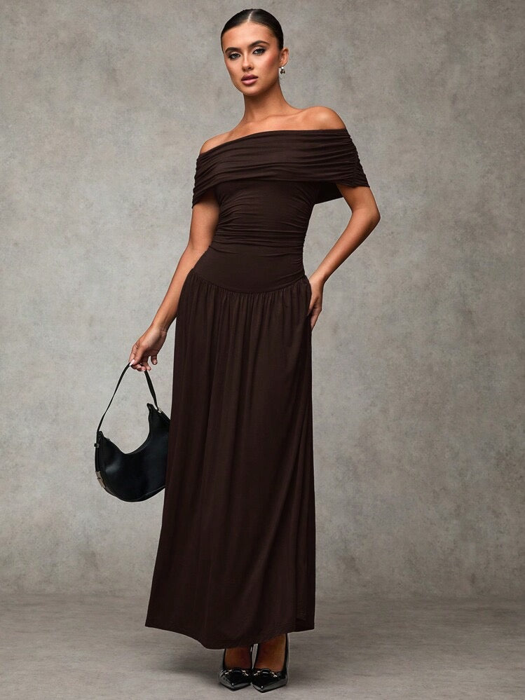 Chocolate Brown Off-Shoulder Maxi Dress | Peach Motel