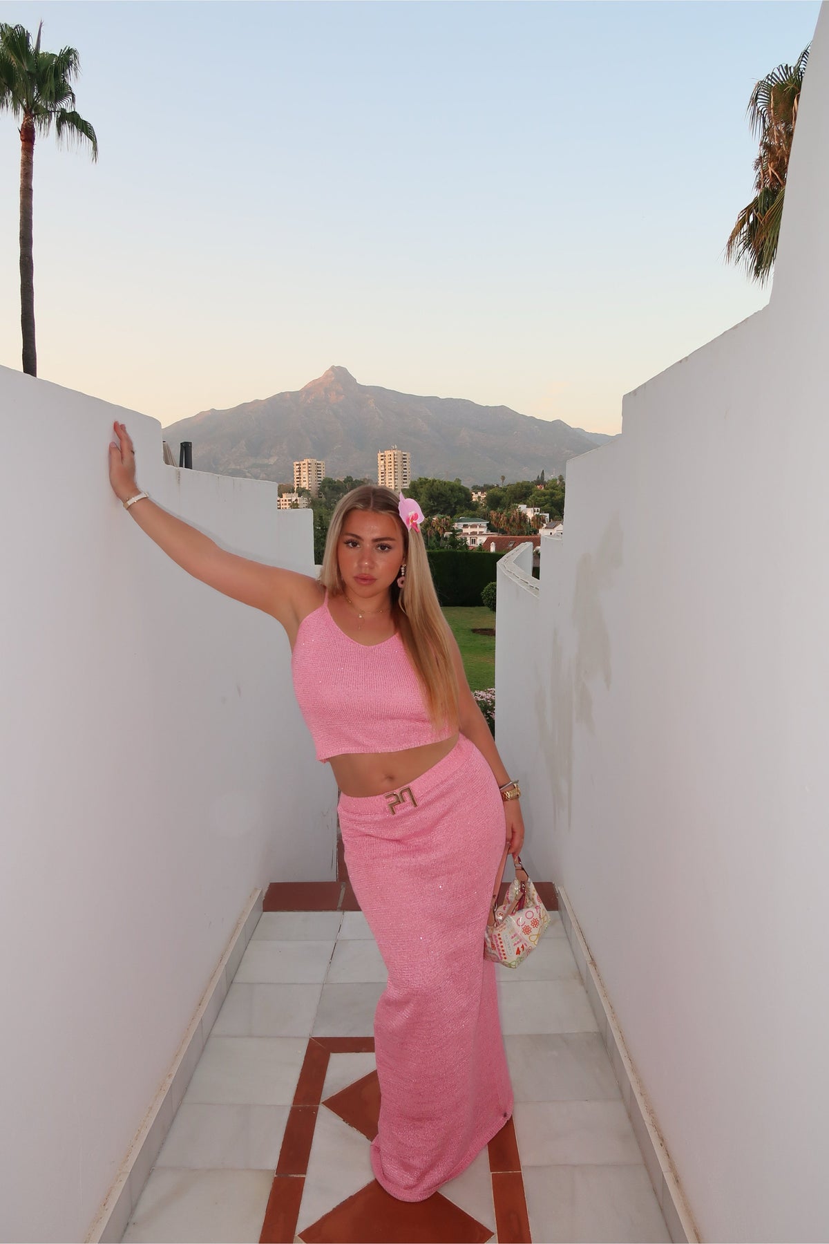 motel pink dress Elinor Maxi Dress in Slinky Baby Pink , Bodycon , Crew Neck