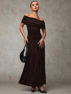 Chocolate Brown Off-Shoulder Maxi Dress | Peach Motel