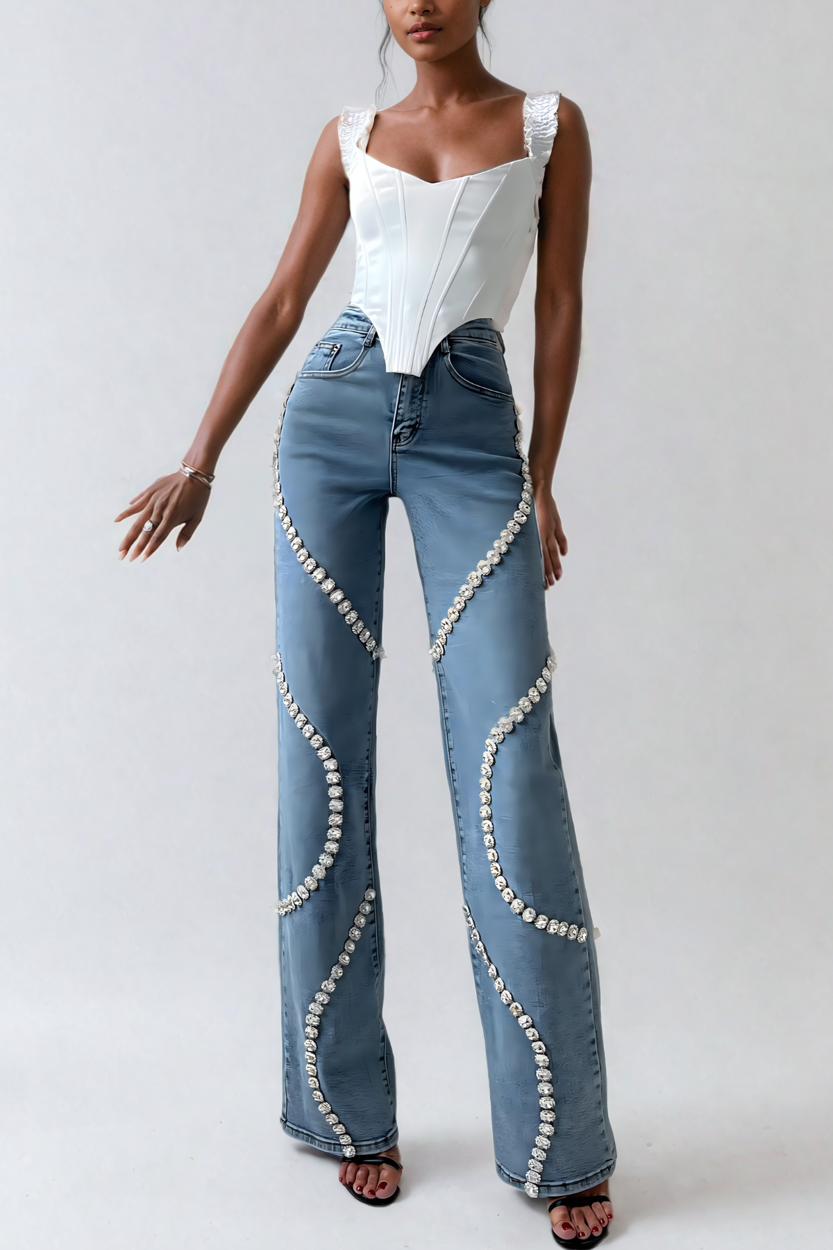Peach Motel Crystal Wave High-Waist Flare Jeans – Statement Rhinestone Embellished Denim