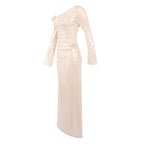 Champagne Sequin One-Shoulder Gown – Peach Motel Luxe Evening Dress