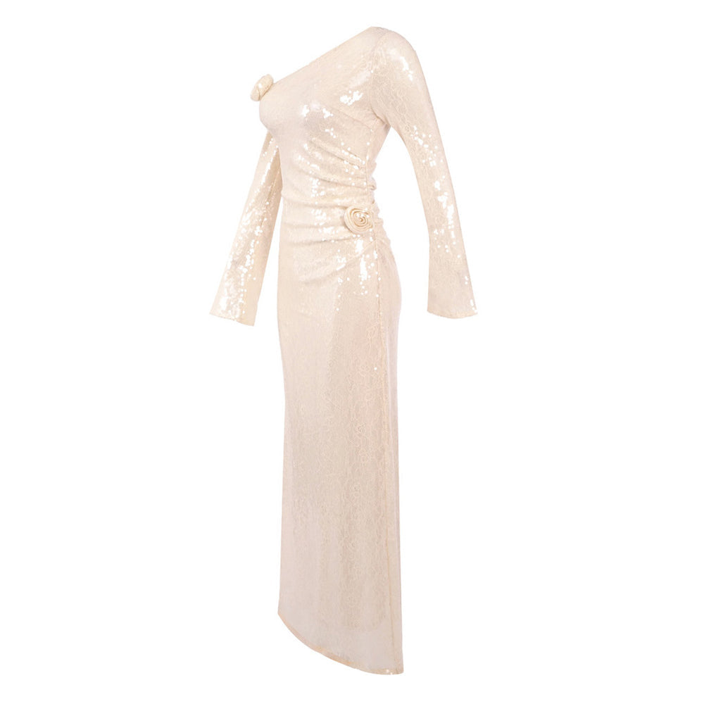 Champagne Sequin One-Shoulder Gown – Peach Motel Luxe Evening Dress