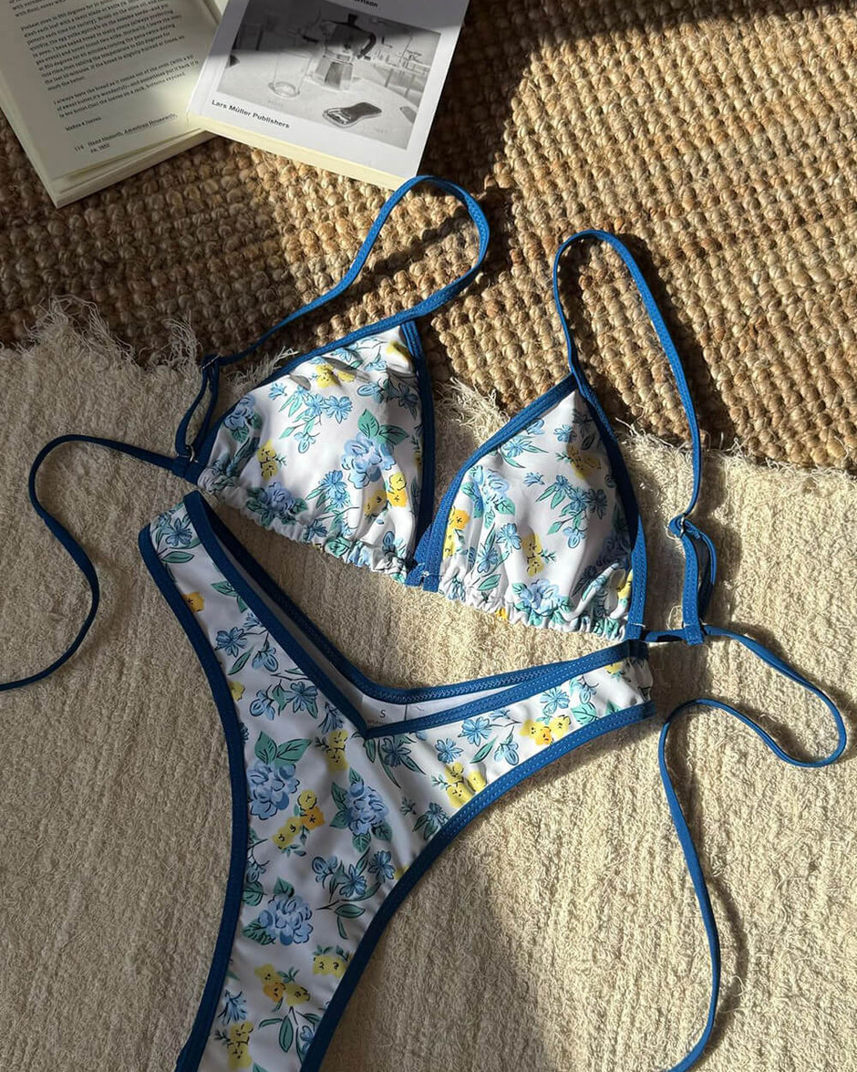 Blue Floral Triangle Bikini Set – Peach Motel Swimwear