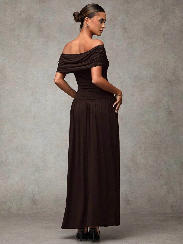 Chocolate Brown Off-Shoulder Maxi Dress | Peach Motel