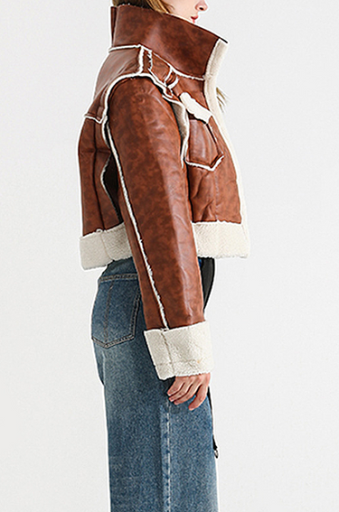 Cropped Brown Faux Leather Shearling Jacket – Peach Motel Outerwear