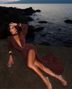 Peach Motel Deep Plunge Satin Maxi Dress – Chocolate Brown Evening Gown with High Slit