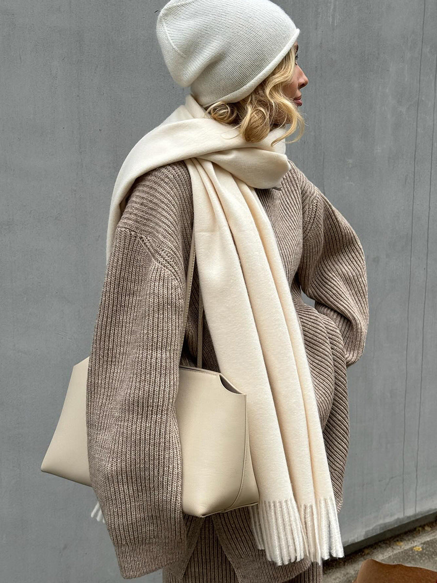 Cozy Ribbed Knit Loungewear Set – Wide Leg Pants & Half-Zip Sweater