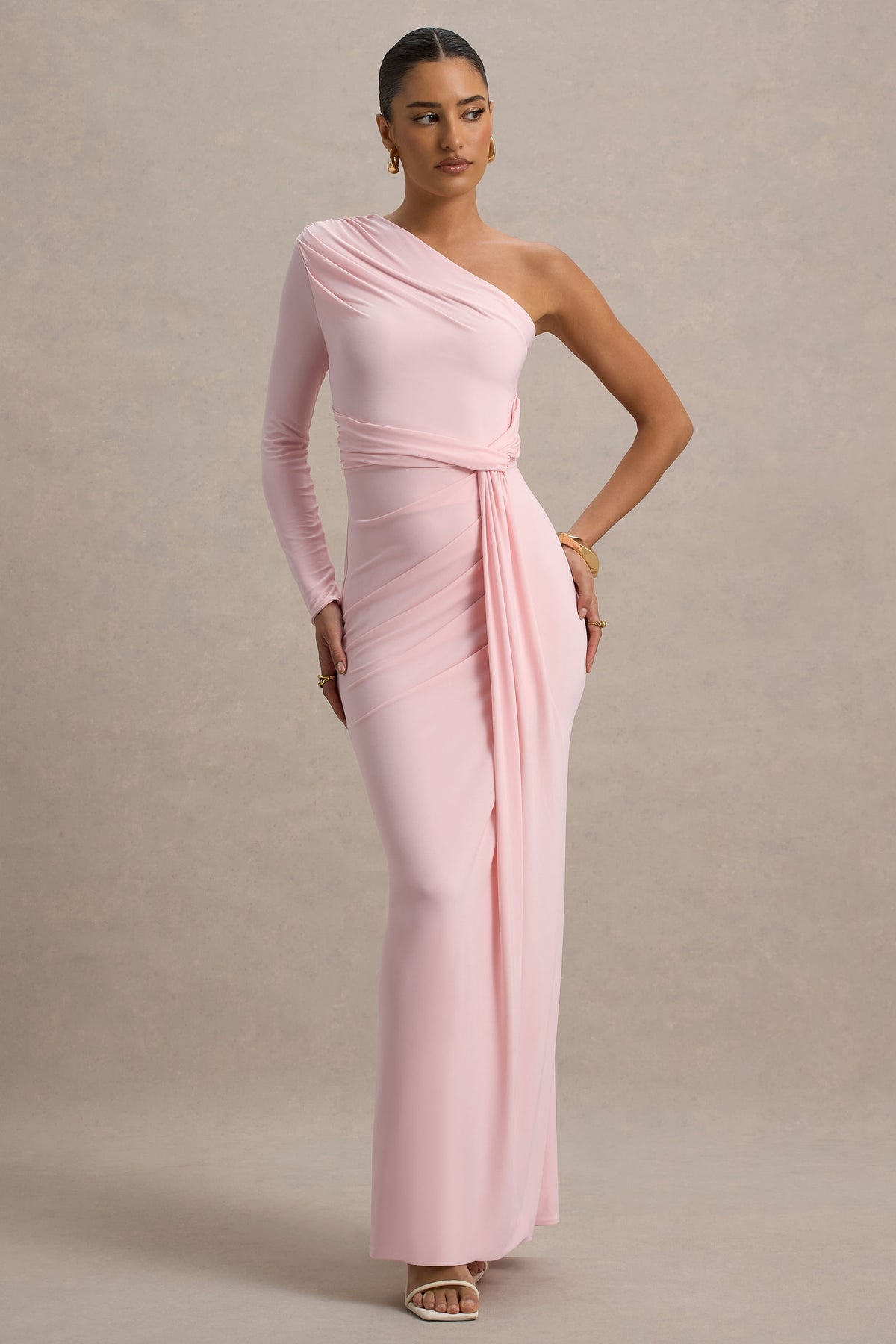 Blush One-Shoulder Draped Maxi Gown | Peach Motel