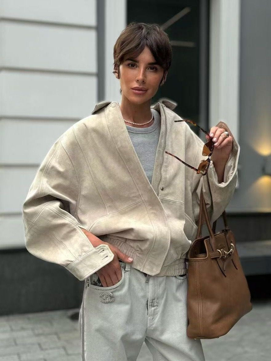 Oversized Taupe Leather Jacket – Peach Motel