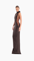 Peach Motel Chocolate Sculpted Halter Gown – Braided Detail & Hourglass Silhouette