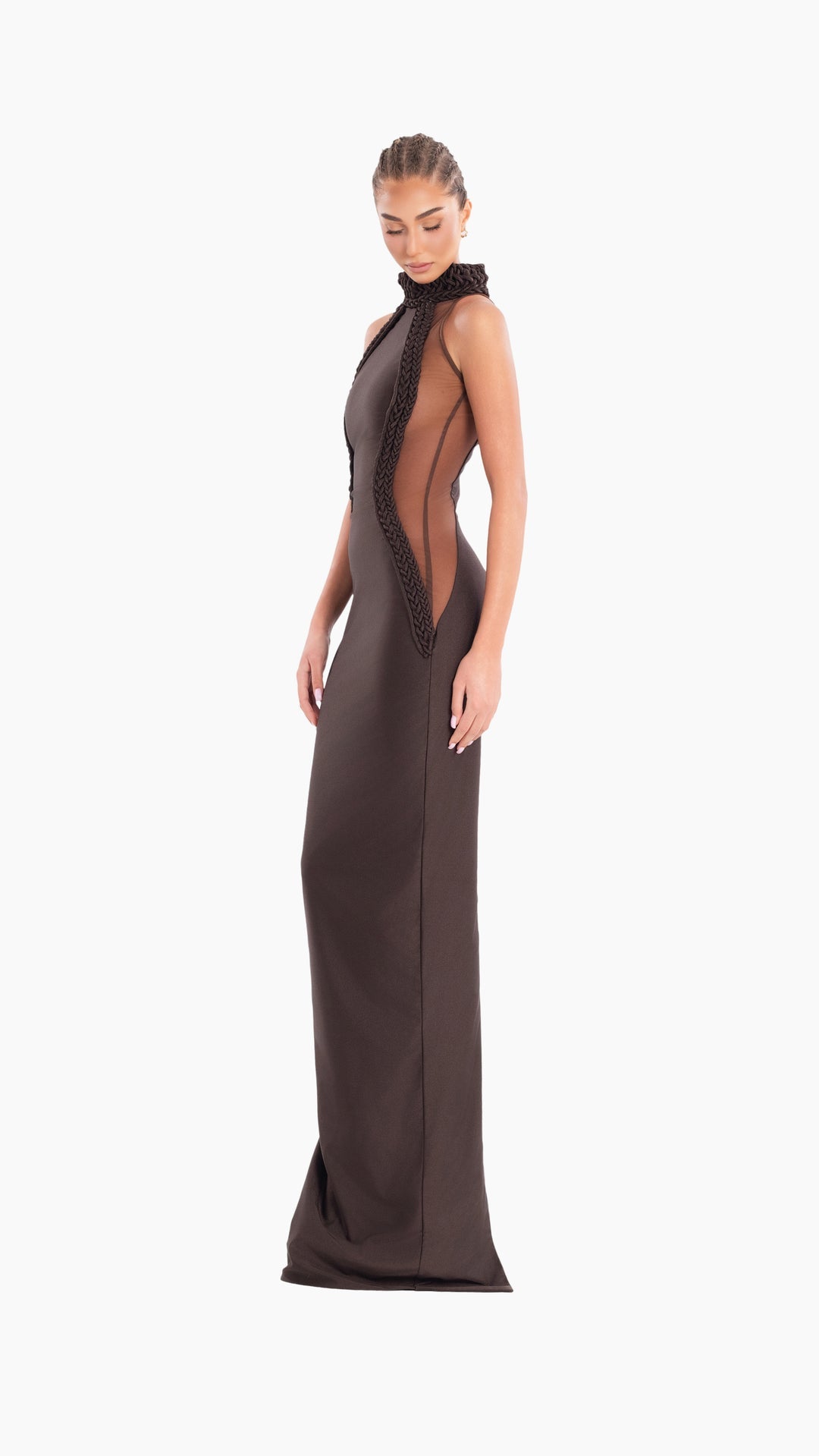 Peach Motel Chocolate Sculpted Halter Gown – Braided Detail & Hourglass Silhouette