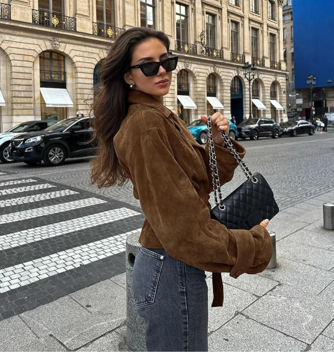 Women’s Brown Suede Tie-Waist Jacket – Chic Oversized Outerwear