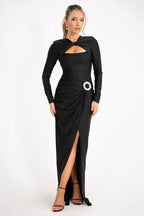 Black Cut-Out Long Sleeve Maxi Dress with Side Slit – Peach Motel