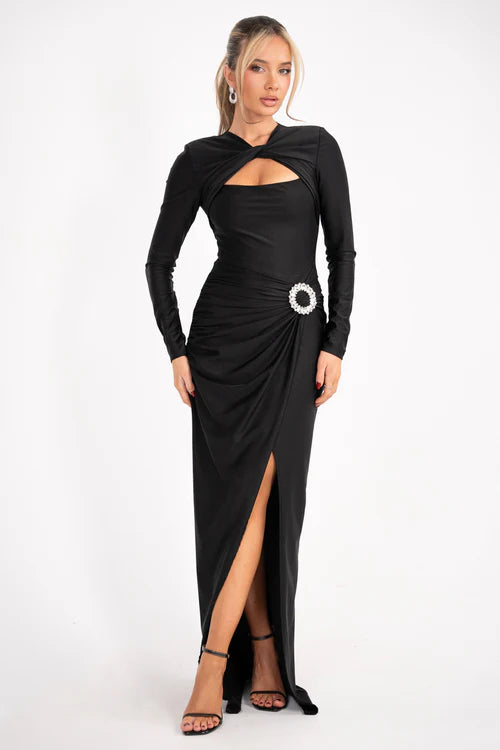 Black Cut-Out Long Sleeve Maxi Dress with Side Slit – Peach Motel