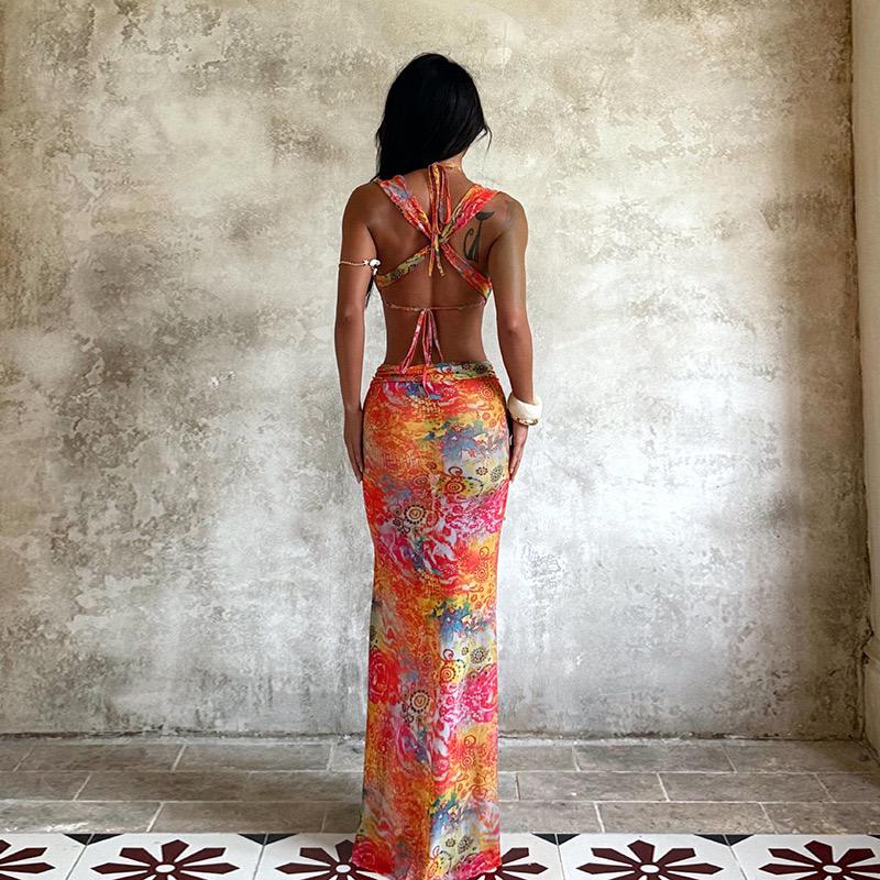 Peach Motel Multicolor Mesh Maxi Dress – Sexy Cut-Out Summer Dress in Pink, Blue & Purple