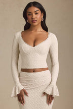 Luxe Lace Two-Piece Set – Elegant Long Sleeve Crop Top & Maxi Skirt