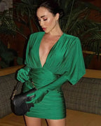 Emerald Elegance Draped Mini Dress with Built-In Gloves – Luxe Statement Partywear