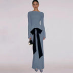 Elegant Long Sleeve Evening Gown with Black Bow Detail – Peach Motel