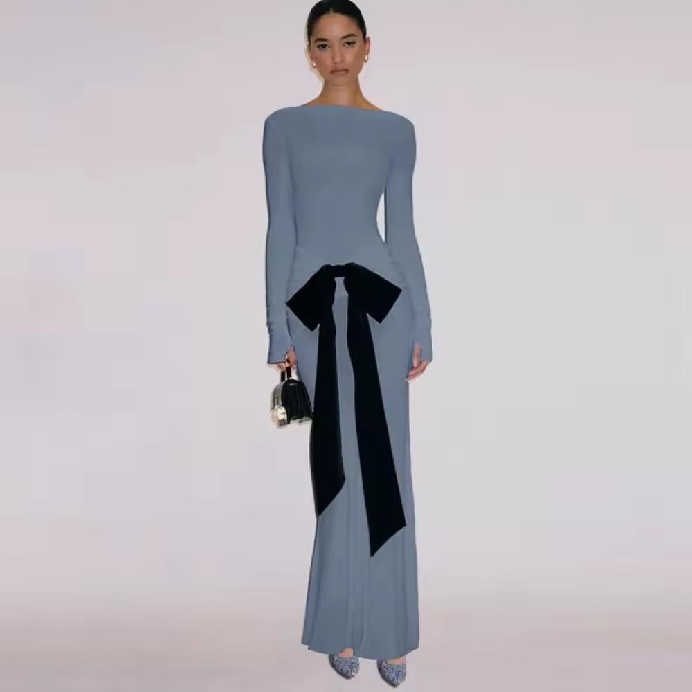 Elegant Long Sleeve Evening Gown with Black Bow Detail – Peach Motel