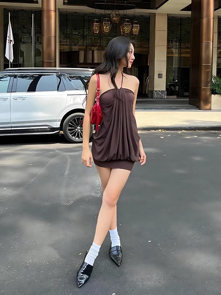 Chocolate Brown Halter Bubble-Hem Mini Dress | Draped Y2K Party Look