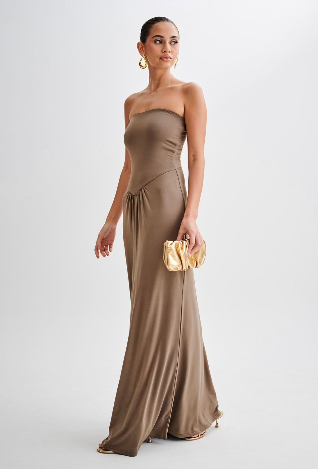 Strapless Taupe Maxi Dress – Elegant Minimalist Evening Gown