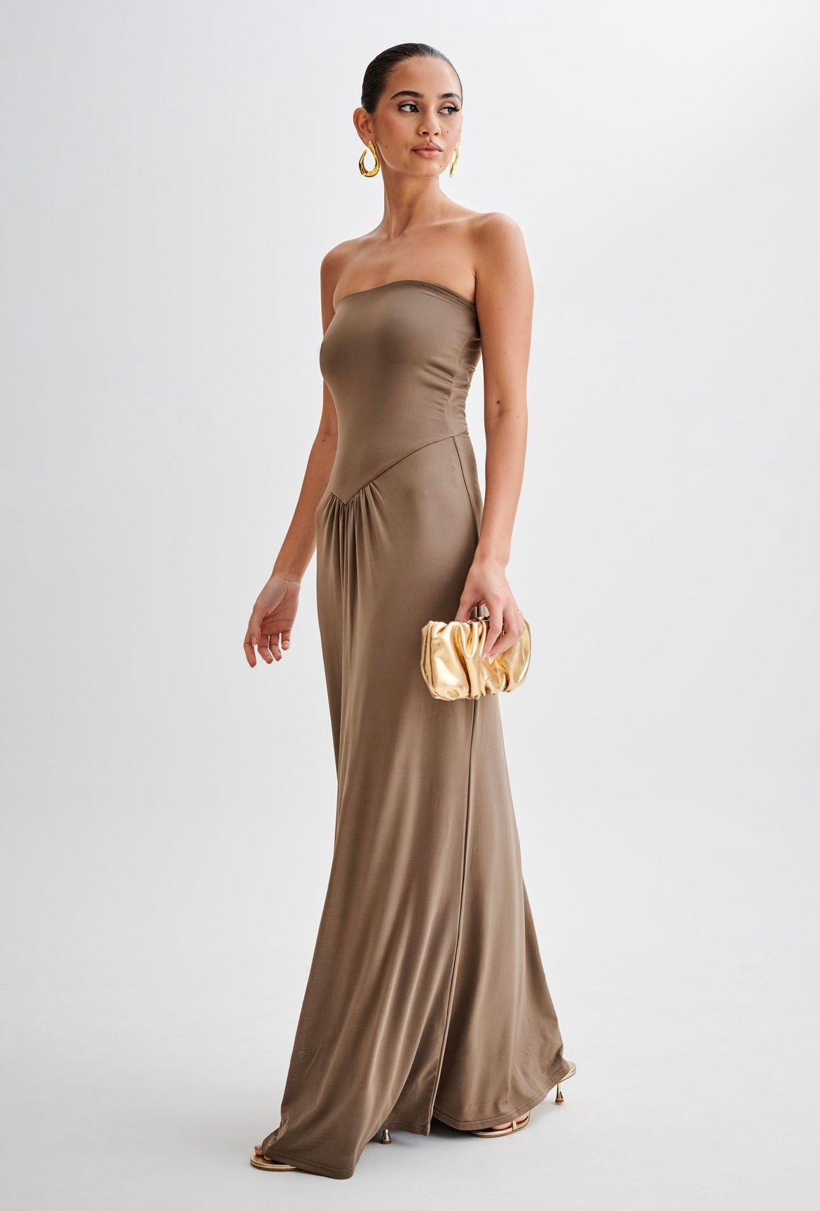 Strapless Taupe Maxi Dress – Elegant Minimalist Evening Gown
