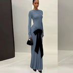 Elegant Long Sleeve Evening Gown with Black Bow Detail – Peach Motel