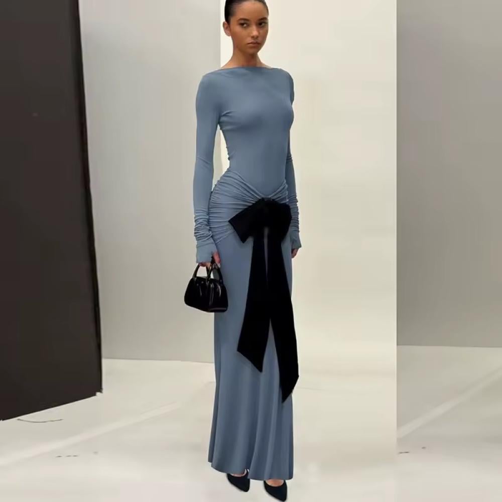 Elegant Long Sleeve Evening Gown with Black Bow Detail – Peach Motel