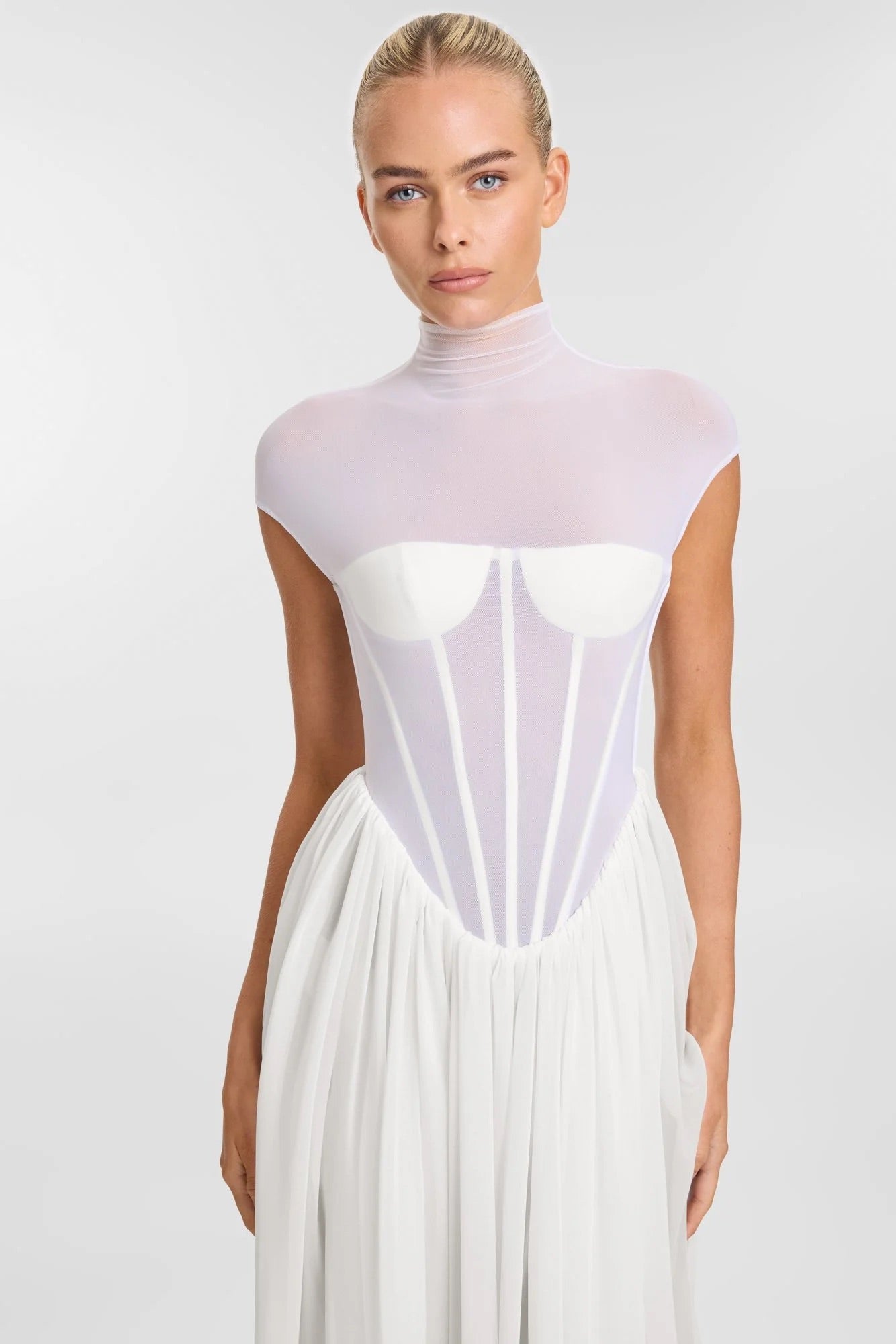 White Illusion Corset Maxi Dress – High Neck Sheer Bodice & Flowing Skirt | Peach Motel