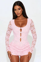Pink Lace Cut-Out Romper with Ruffle Shorts – Sexy Fall 2025 Going-Out Outfit
