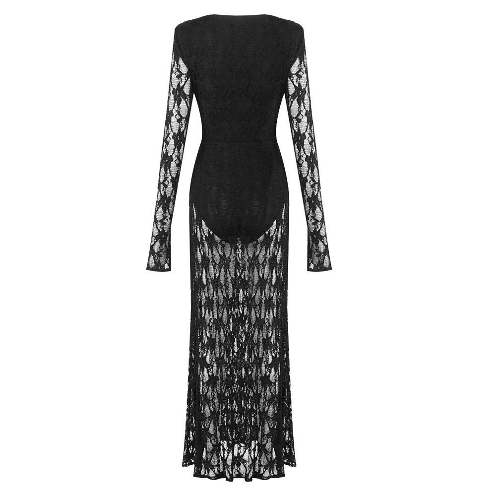 Black Lace Plunge Maxi Dress | Sheer Long Sleeve Evening Dress