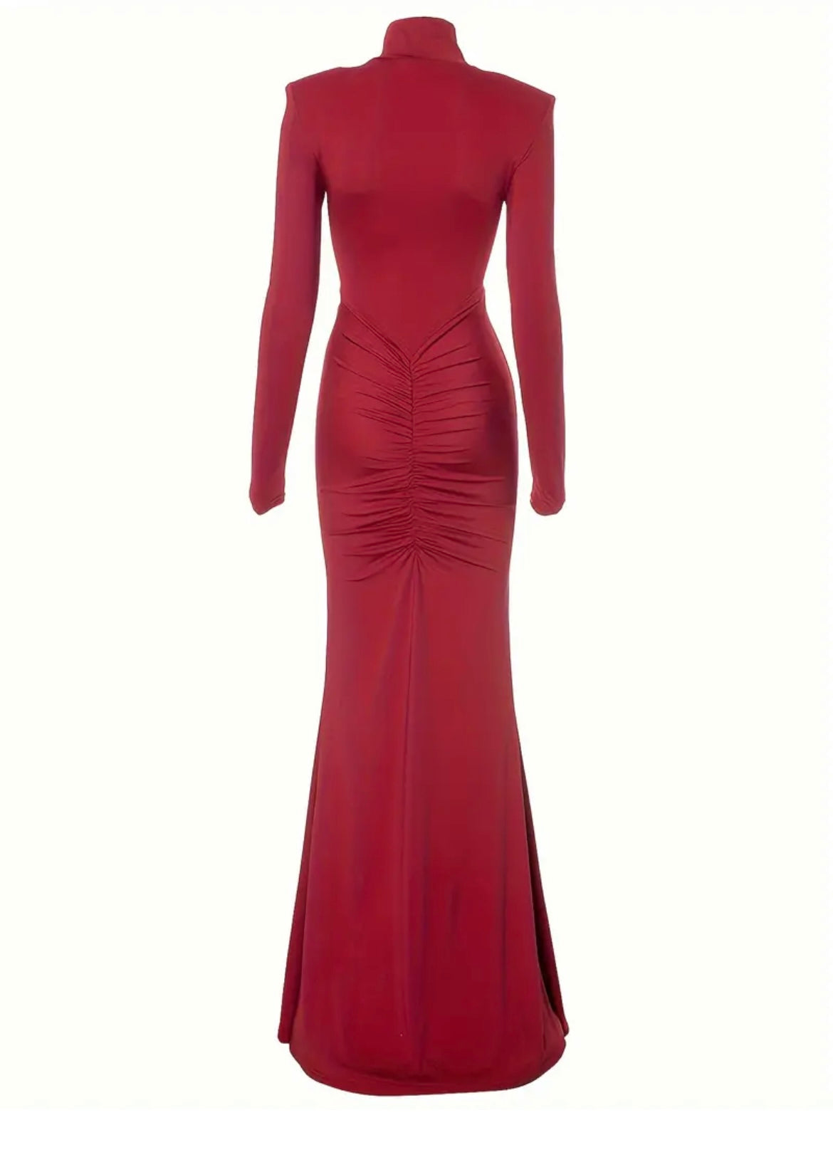 Burgundy High Neck Long Sleeve Ruched Maxi Gown