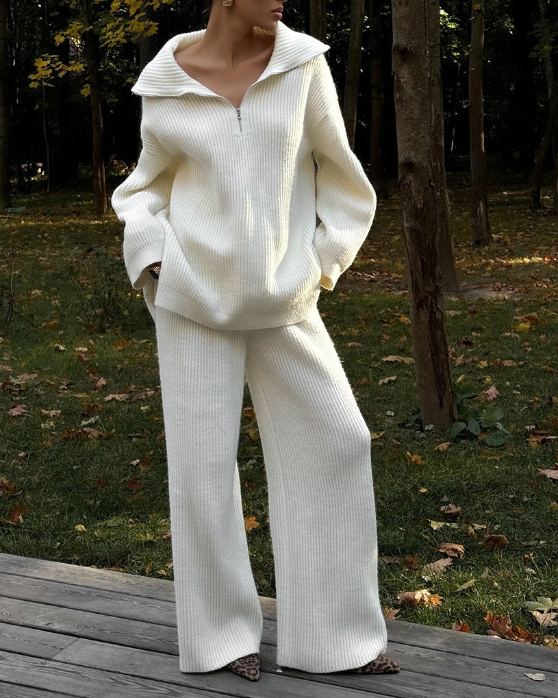 Cozy Ribbed Knit Loungewear Set – Wide Leg Pants & Half-Zip Sweater