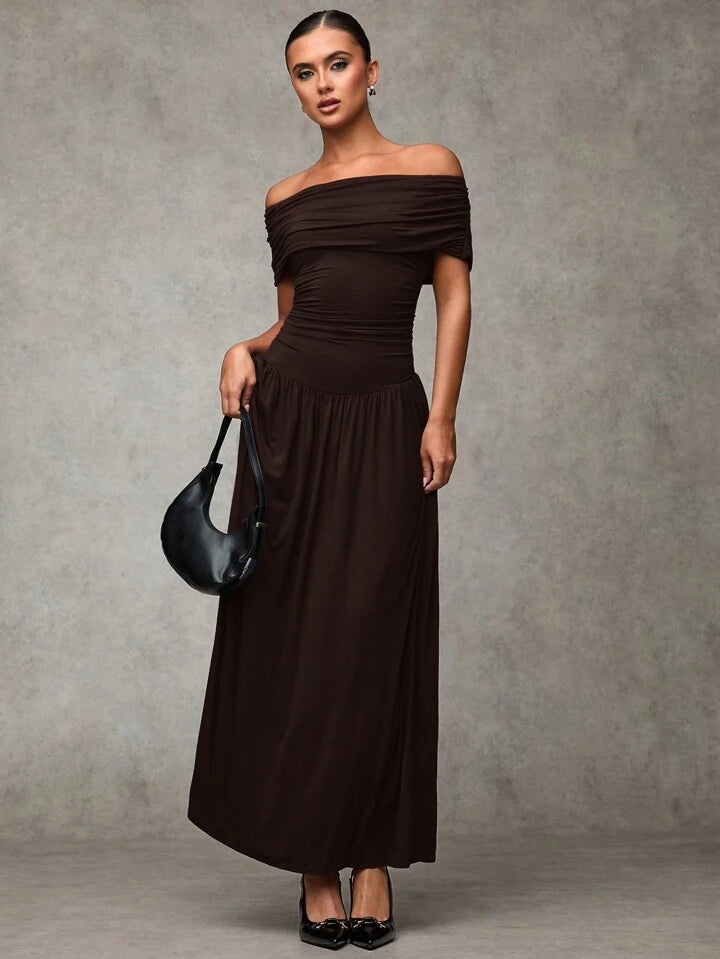 Chocolate Brown Off-Shoulder Maxi Dress | Peach Motel