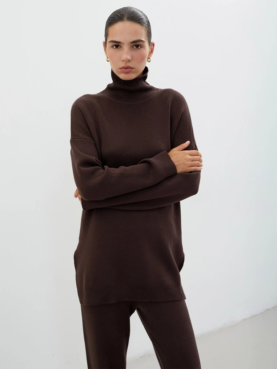 Cozy Knit Turtleneck Lounge Set – Available in Brown, Black, and White