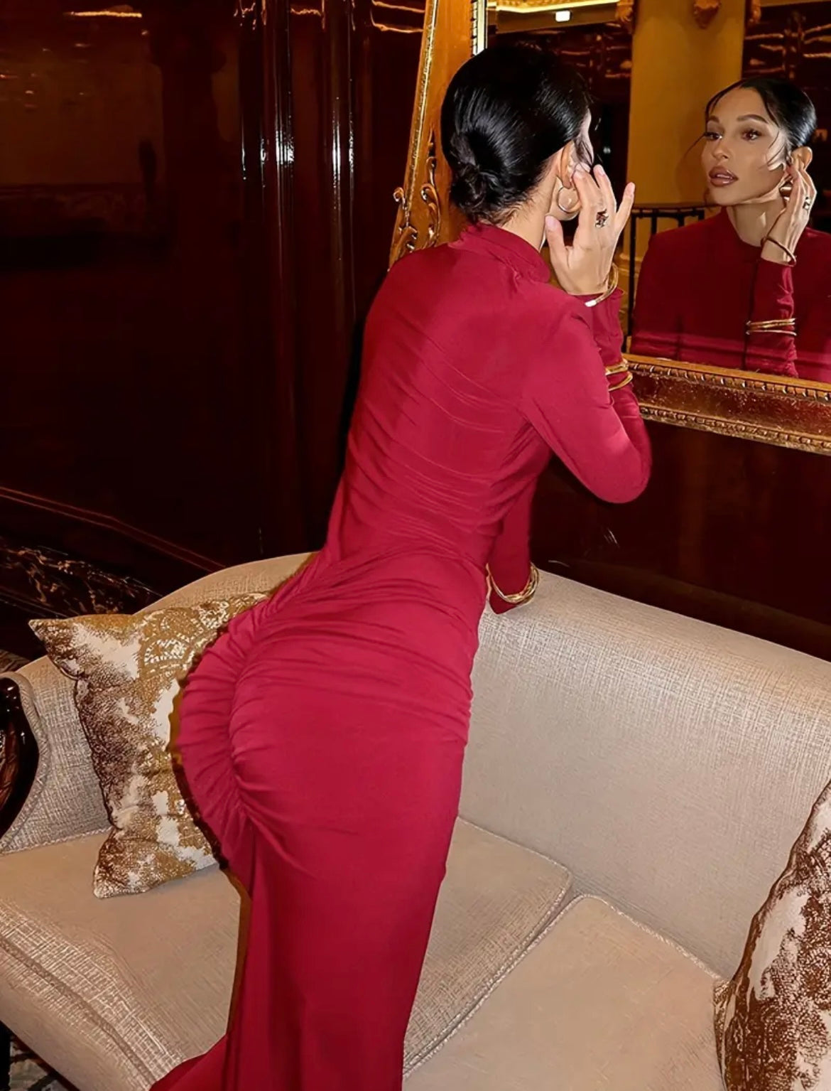 Burgundy High Neck Long Sleeve Ruched Maxi Gown