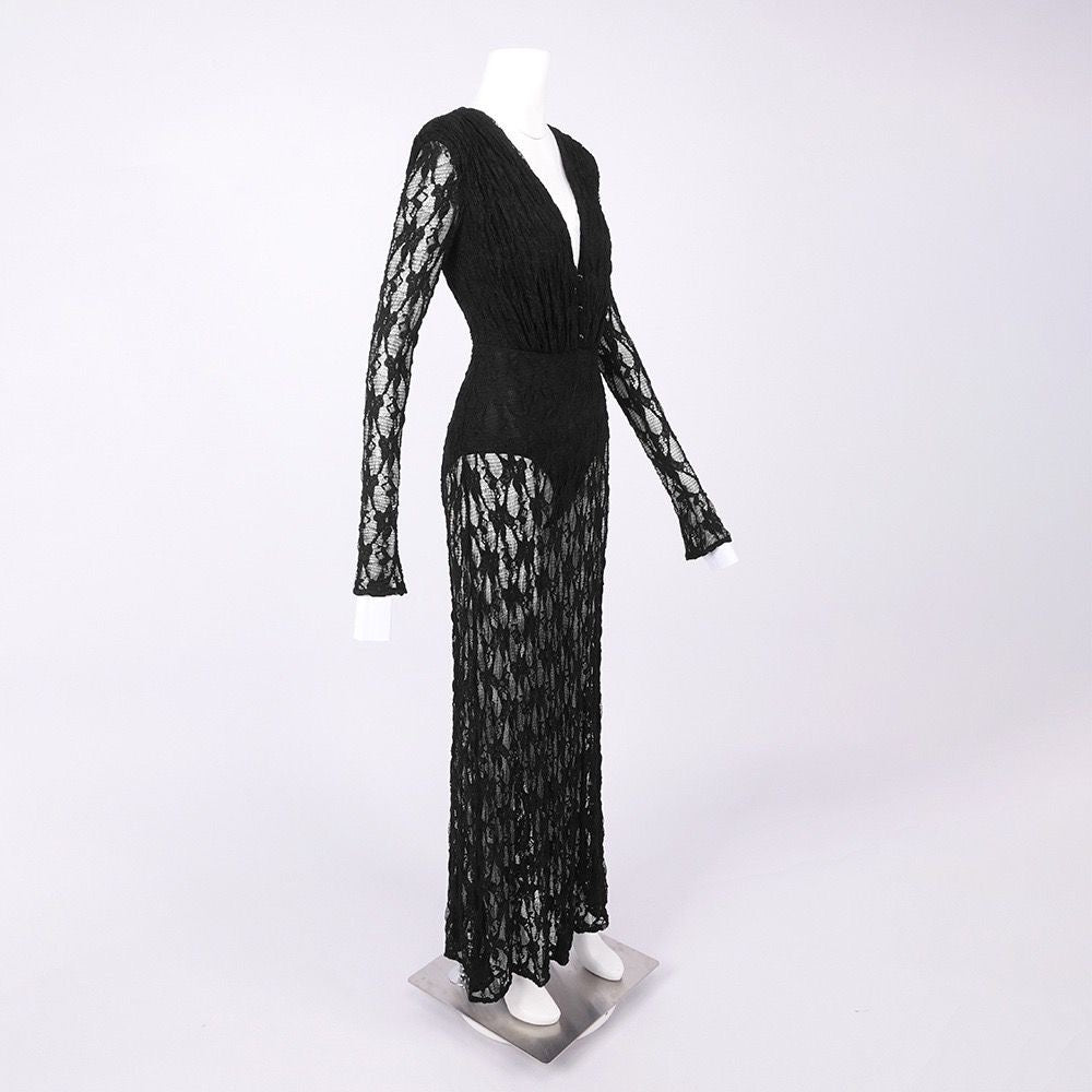 Black Lace Plunge Maxi Dress | Sheer Long Sleeve Evening Dress