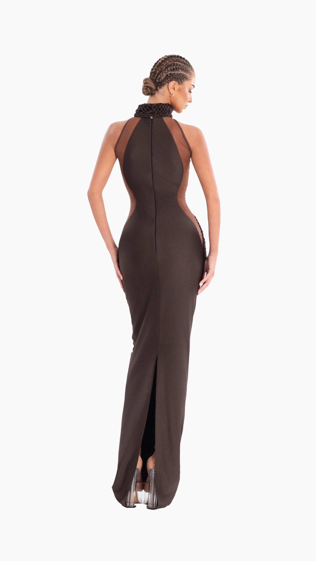 Peach Motel Chocolate Sculpted Halter Gown – Braided Detail & Hourglass Silhouette