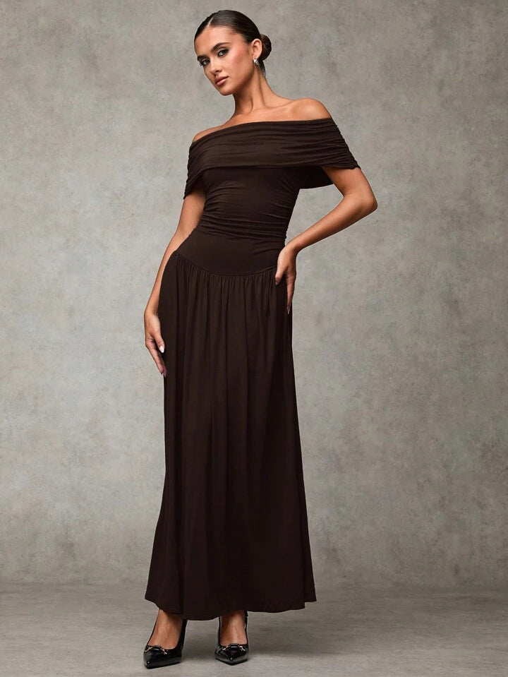 Chocolate Brown Off-Shoulder Maxi Dress | Peach Motel