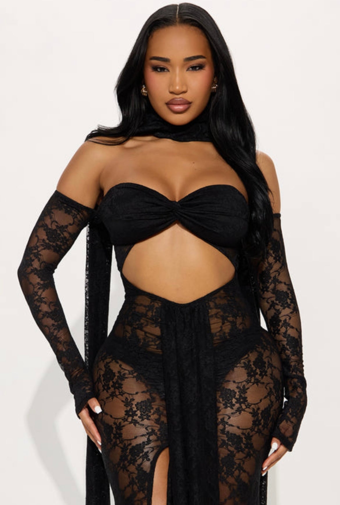 Black Lace Cutout Maxi Dress – Long Sleeve Sheer Gown