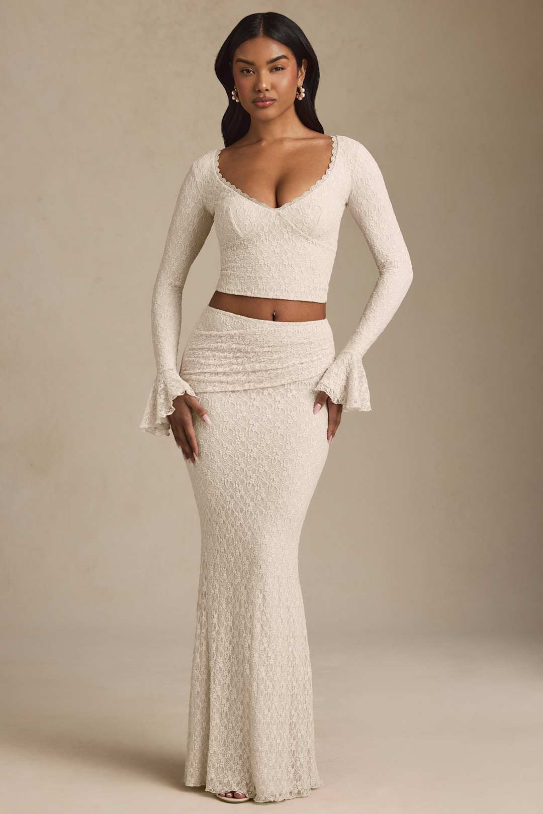 Luxe Lace Two-Piece Set – Elegant Long Sleeve Crop Top & Maxi Skirt