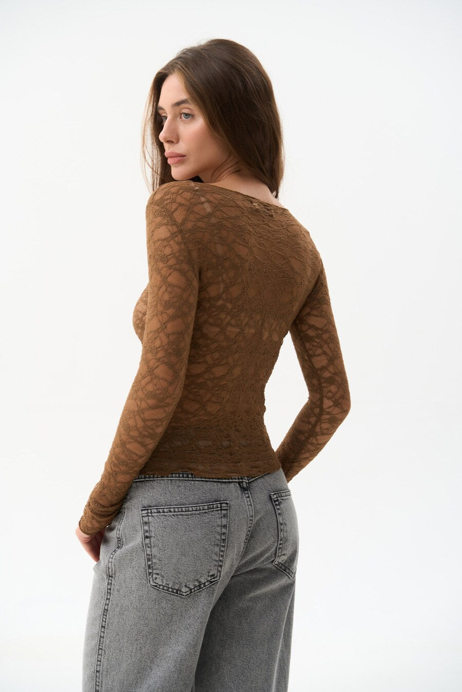 Brown Sheer Lace Long Sleeve Top – Chic See-Through Mesh Blouse