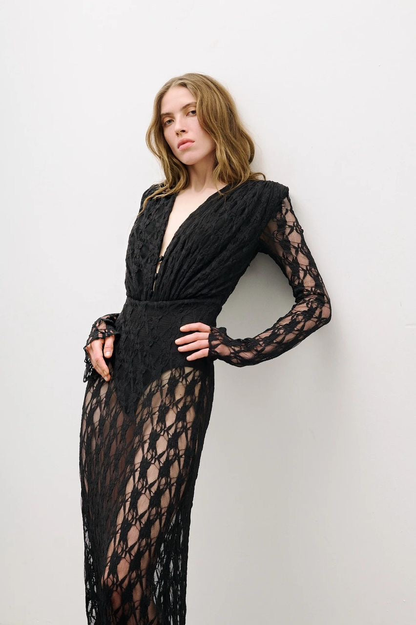 Black Lace Plunge Maxi Dress | Sheer Long Sleeve Evening Dress