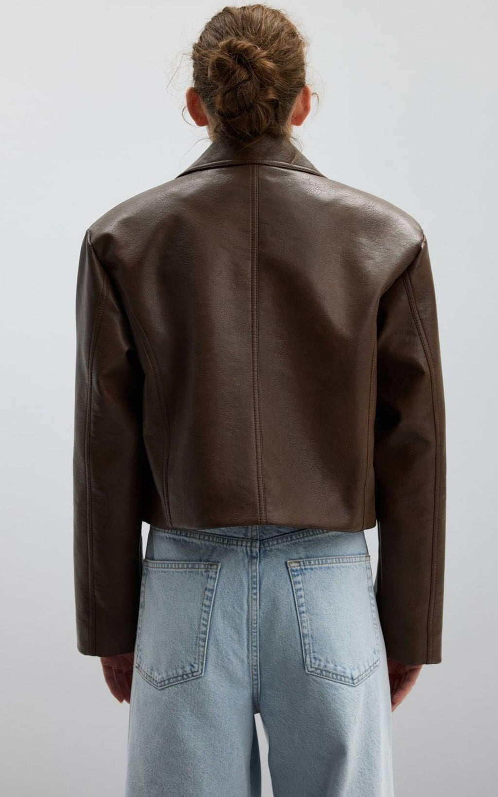 Cropped Brown Leather Jacket with Utility Pockets | Peach Motel