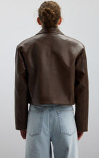 Cropped Brown Leather Jacket with Utility Pockets | Peach Motel