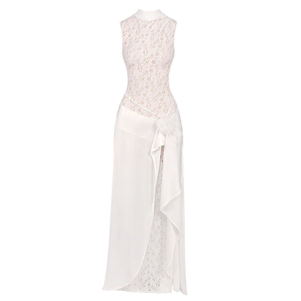 Ivory Lace Maxi Dress with Draped Overlay