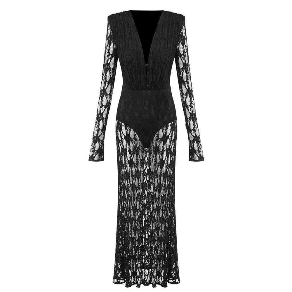 Black Lace Plunge Maxi Dress | Sheer Long Sleeve Evening Dress