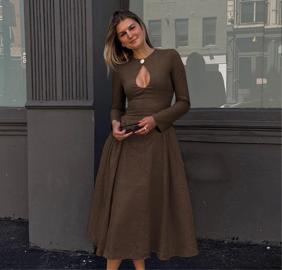 Black & Tan Brown Long-Sleeve Keyhole Midi Dress – Chic Day-to-Night Elegance | Peach Motel