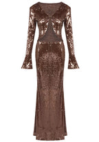 Bronze Sequin Two-Piece Set – Deep Plunge & Flared Skirt